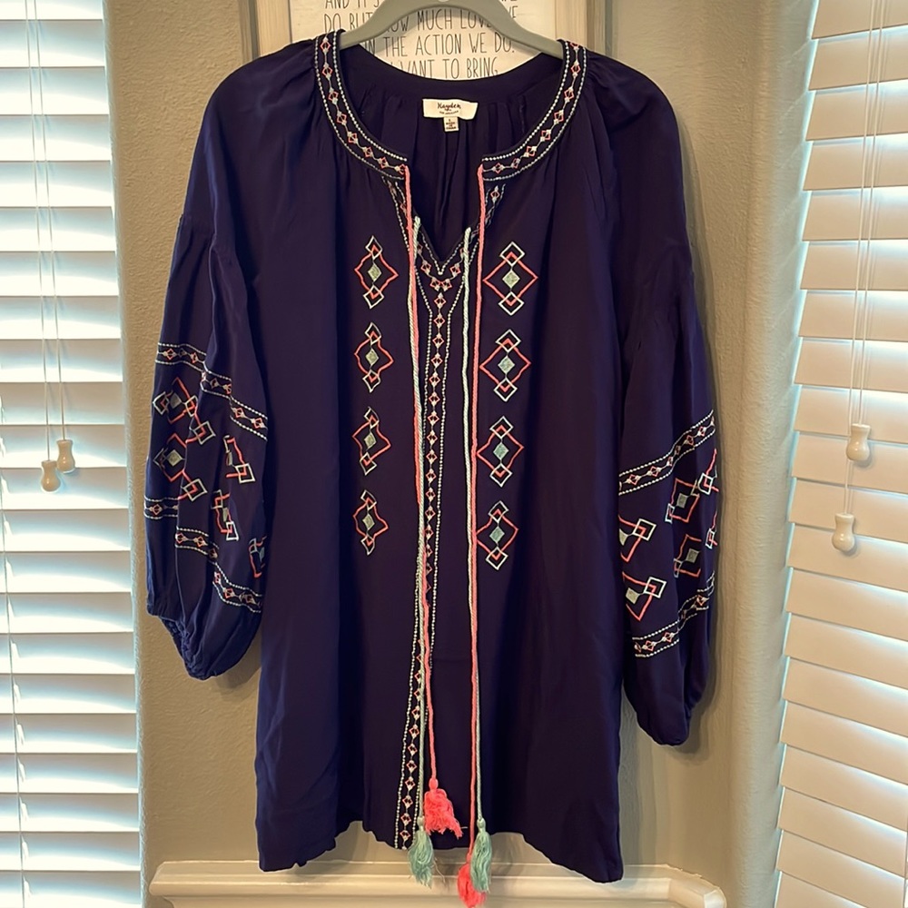 Hayden Los Angeles Navy Embroidered Dress Long Sleeve Large